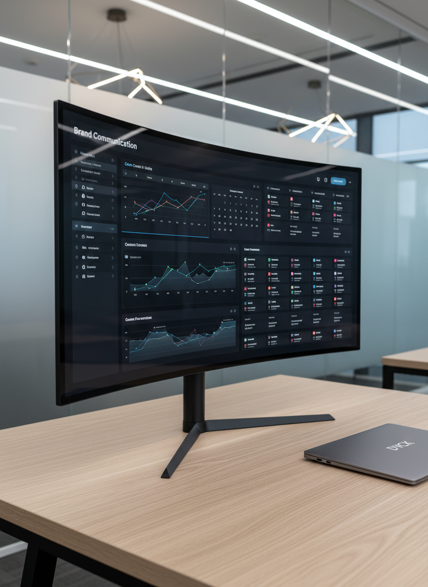 A large, ultra-wide glass monitor on a minimalist black metal stand, displaying a dynamic brand communication dashboard with charts, content calendars, and social media performance metrics in clean, modern UI design. The monitor rests on a pale oak desk with subtle grain, beside a closed matte-grey laptop stamped with a small DVCK monogram. Behind, frosted glass panels and blurred geometric light fixtures hint at a high-end office. Cool white LED ceiling lights create gentle reflections on the glass and metal surfaces. Photographic realism, shot from a three-quarter angle with moderate depth of field. The mood is data-driven, precise, and technologically sophisticated.