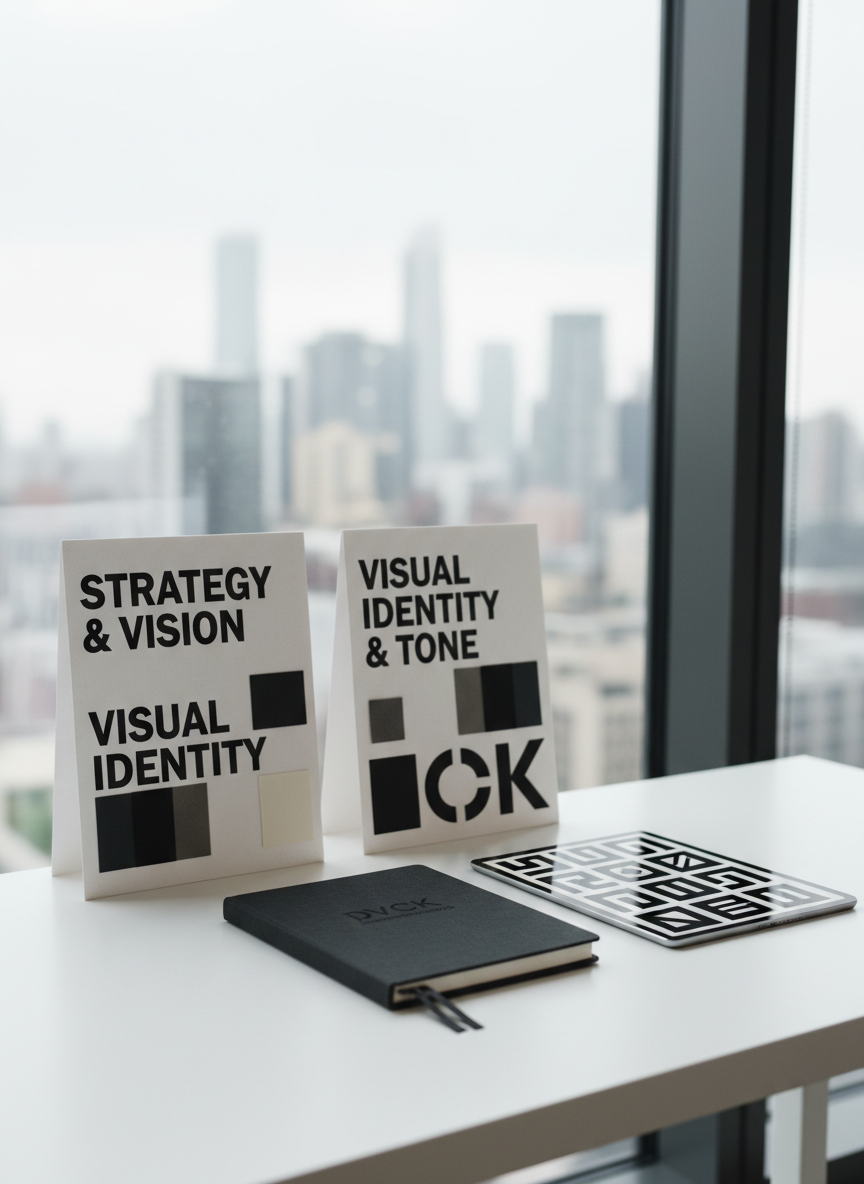 An immaculate white desk surface displaying a carefully arranged brand strategy layout: a dark charcoal notebook with DVCK Communications subtly debossed on the cover, a tablet showing a bold logo grid, and crisp printed mood boards featuring high-contrast typography and monochrome color swatches. The desk sits near a full-height window overlooking a blurred metropolitan skyline. Soft overcast daylight washes evenly across the scene, eliminating harsh shadows and emphasizing texture details. Photographic realism from a slightly elevated angle, with a balanced, clean composition. The atmosphere is analytical yet creative, suggesting meticulous planning in brand communications and visual identity.
