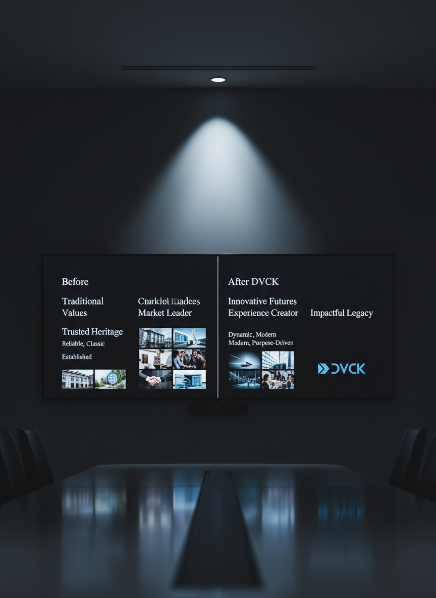 An elongated, wall-mounted digital display in a darkened boardroom environment, showing a side-by-side comparison of brand narratives: headlines, tone-of-voice descriptors, and visual snippets arranged in a precise grid labeled “Before” and “After DVCK.” The room features matte charcoal walls and a long, empty conference table with a faint reflection of the screen. A single cool-white spotlight above the display provides dramatic, focused illumination, leaving the rest of the space subtly in shadow. Photographic realism with a slightly low, centered angle aimed toward the glowing screen. The atmosphere is decisive and high-stakes, suggesting strategic brand repositioning and clarity of message.