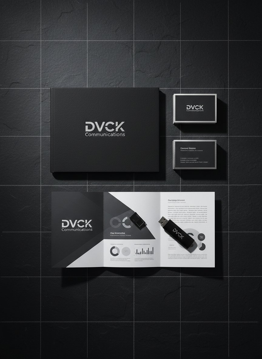 A meticulously arranged flat lay of branded communication assets on a dark slate background: a textured black presentation folder, minimalist business cards with sharp silver edging, a tri-fold campaign overview, and a sleek USB drive, all bearing the DVCK Communications mark in restrained, modern typography. A subtle grid of pale chalk lines is faintly visible on the slate, hinting at strategic structure. Directional studio lighting from the top left casts clean, controlled shadows and subtle highlights along the edges of each object. Photographic realism with a perfectly overhead, bird’s-eye perspective and razor-sharp focus throughout. The mood is authoritative, composed, and deliberately structured, reflecting disciplined brand governance.