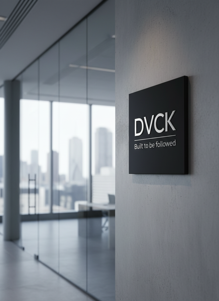 A sleek, matte-black cube-shaped sign bearing the embossed silver initials “DVCK” and the tagline “Built to be followed” in precise sans-serif lettering, mounted on a smooth concrete wall. Surrounding it is a minimalist corporate lobby with glass partitions and a distant city skyline softly blurred in the background. Cool, diffused daylight streams through large windows, creating crisp reflections on the glass and subtle gradients on the concrete. Photographic realism, shot at eye level with a shallow depth of field, placing the sign in sharp focus on the right third of the frame. The mood is confident, professional, and forward-looking, embodying a modern brand communications firm.