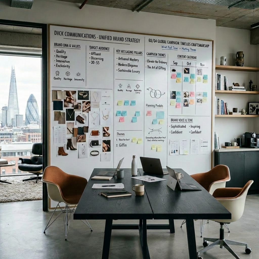 Team discussing brand strategy with notes and visuals on wall
